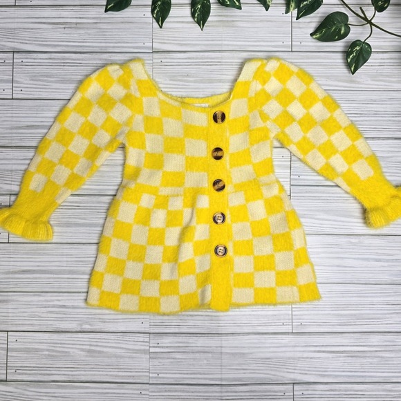 PatPat Kids Yellow Checkerboard Cardigan Sweater Button Up Knit Top 3-6M - Picture 1 of 6